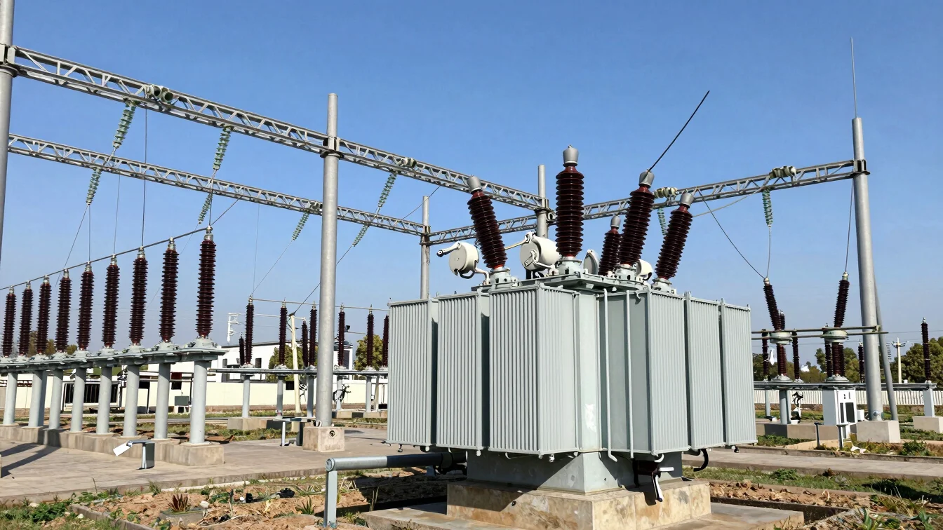 Technical photograph of a high-voltage electrical substation with transformers and insulators under broad daylight.