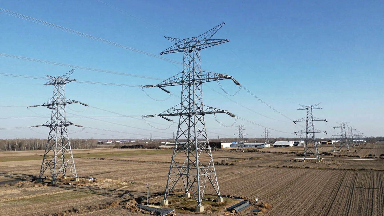 Wide aerial perspective of steel power transmission towers and high-voltage power lines running through open countryside
