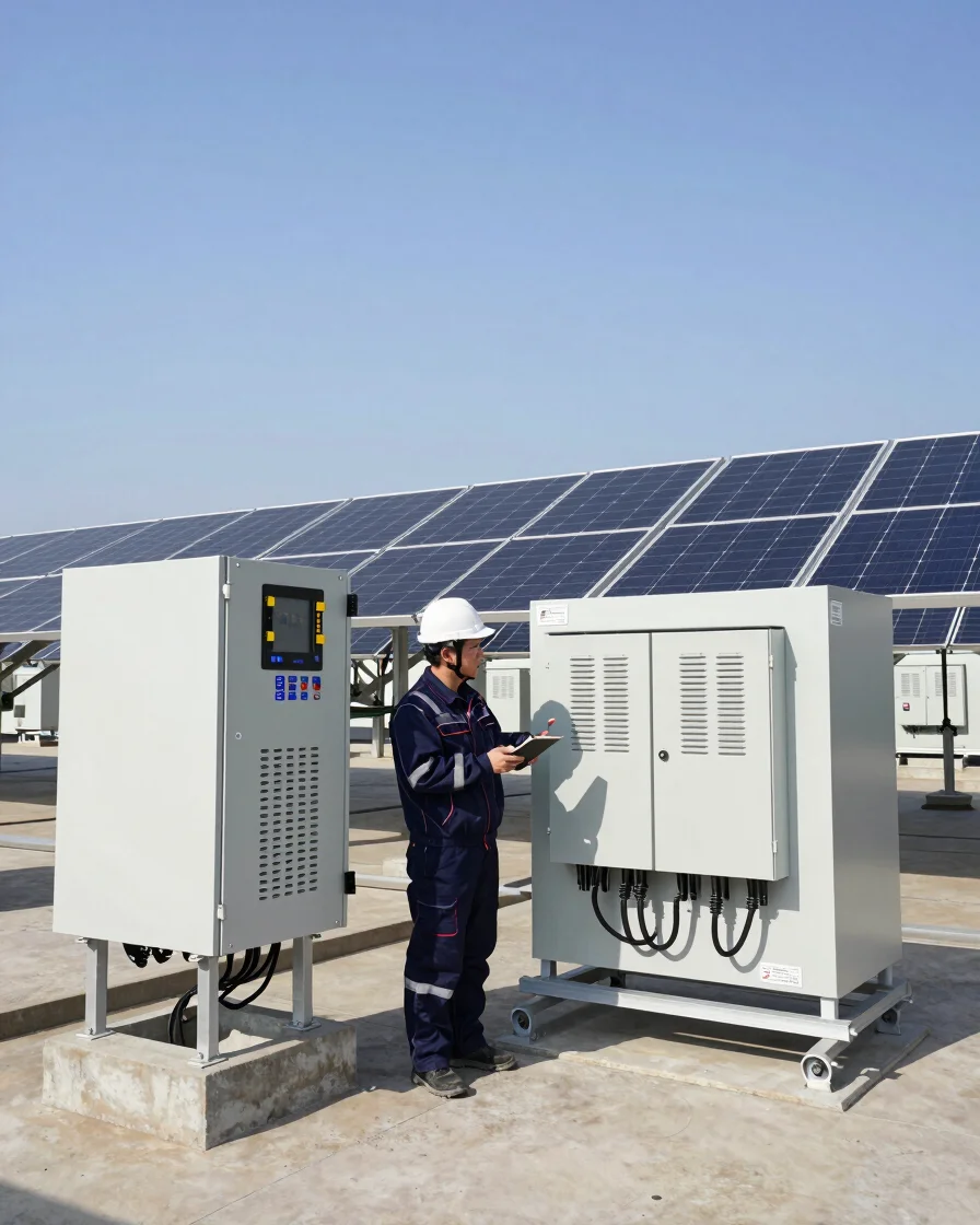 Industrial engineer in protective gear inspecting commercial solar array inverter units with technical equipment under b