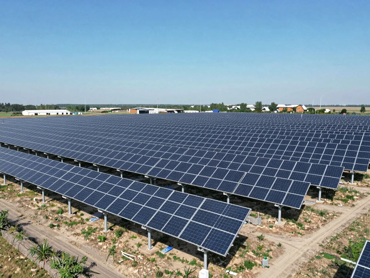 Wide elevated aerial view of utility-scale solar photovoltaic fields under bright midday sunlight, technical installatio