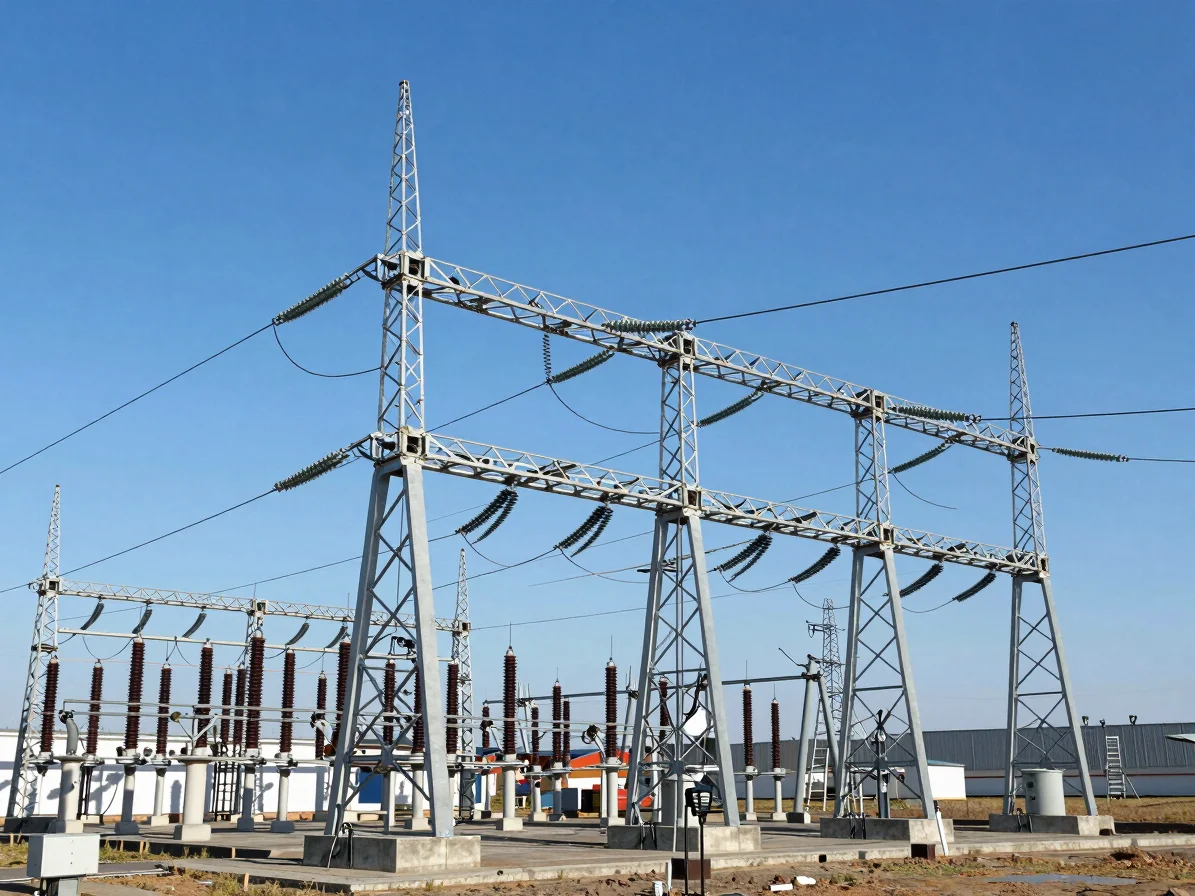 Modern electrical substation and high-voltage transmission towers against a clear blue sky, sharp industrial architectur