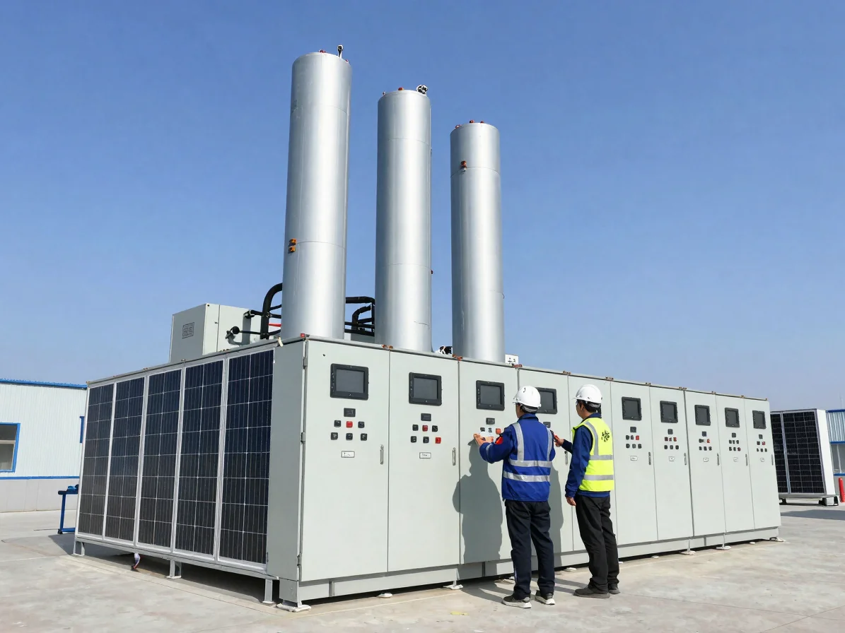 Site engineers inspecting digital control panels inside an industrial solar inverter control station, bright daylight