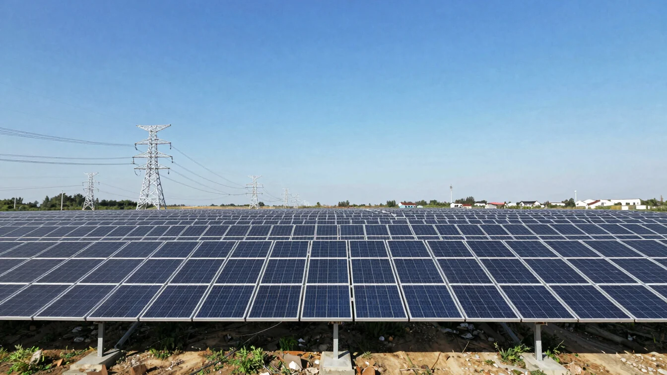 Crisp industrial photography of wide utility-scale solar fields across broad landscape under direct bright daylight, hig