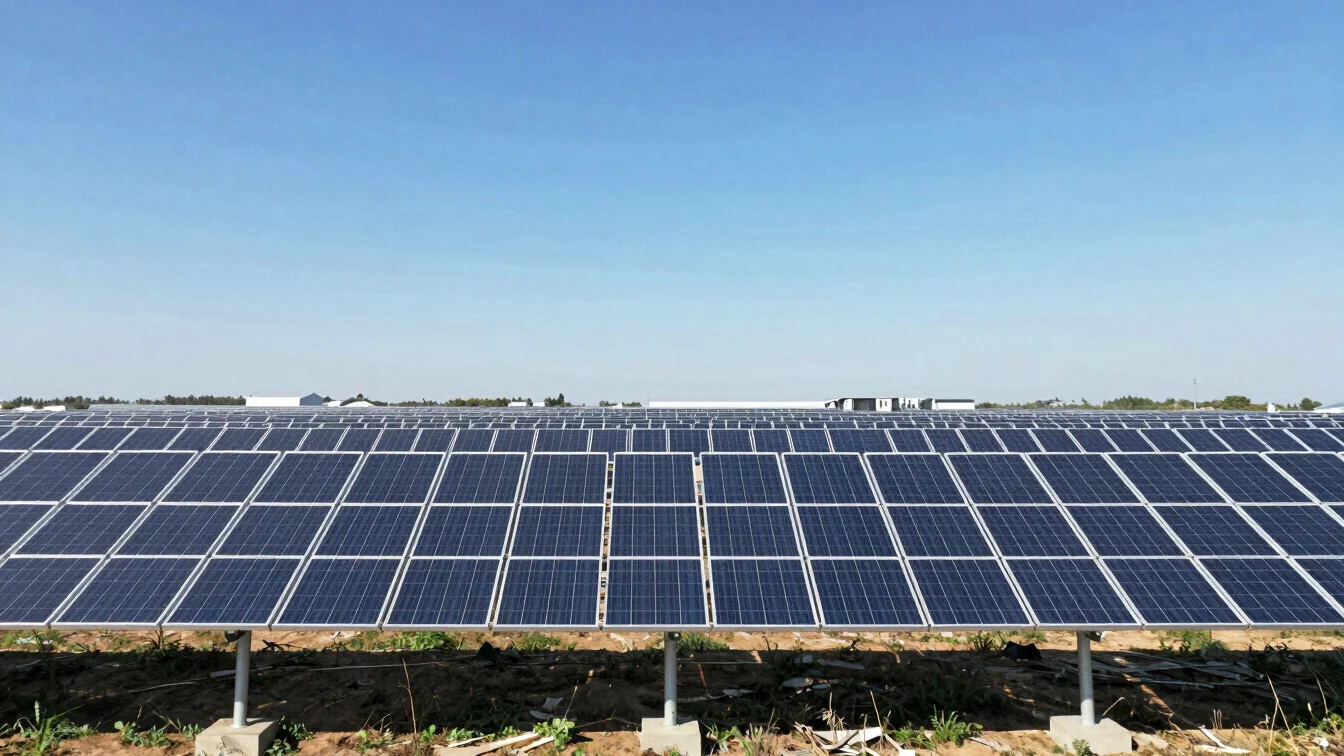 Crisp industrial photograph of vast photovoltaic solar panel arrays aligned across flat field under bright direct sunlig